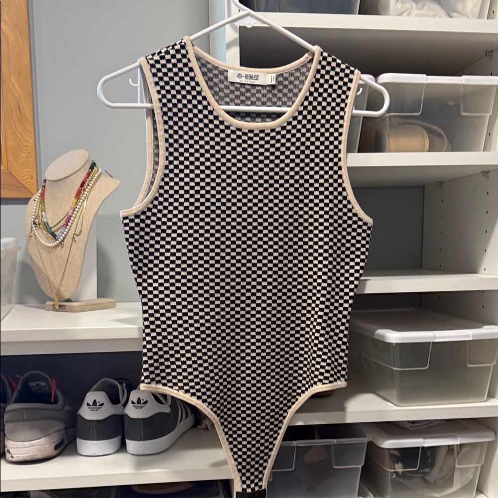 Checkerboard Sleeveless Bodysuit in Black and Cream